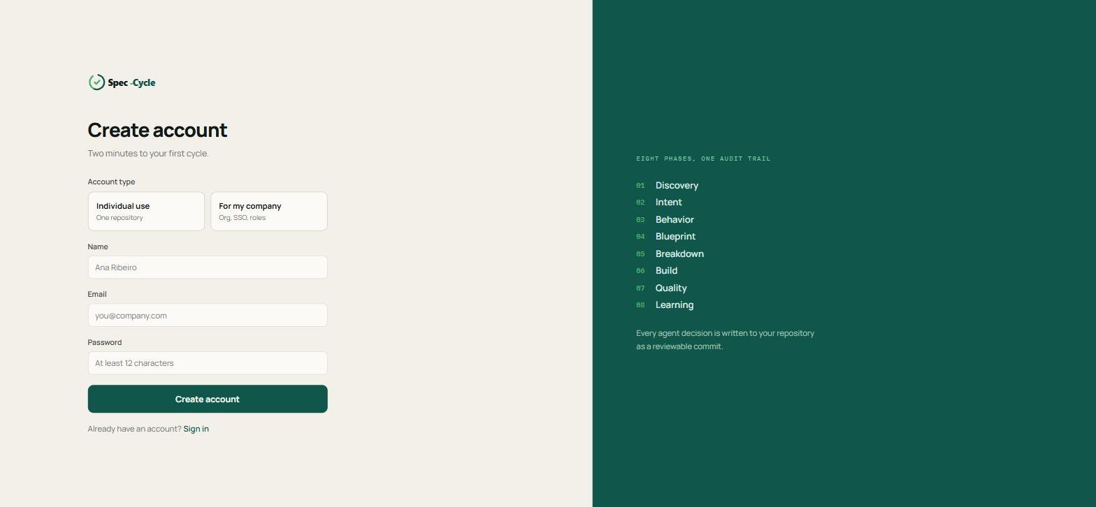 Sign-up screen with the account type, name, e-mail and password