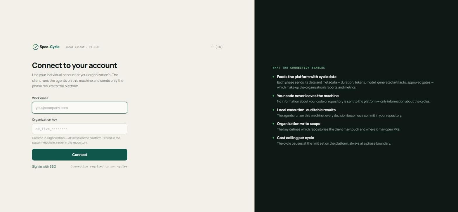 Client portal connection screen, with the work e-mail and the organization key